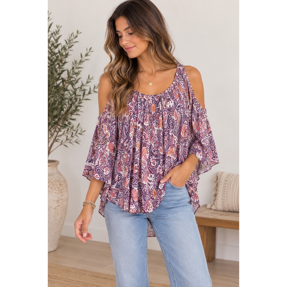 Free People Boho Cold Shoulder Blouse Womens Large Purple Paisley Bell Sleeve